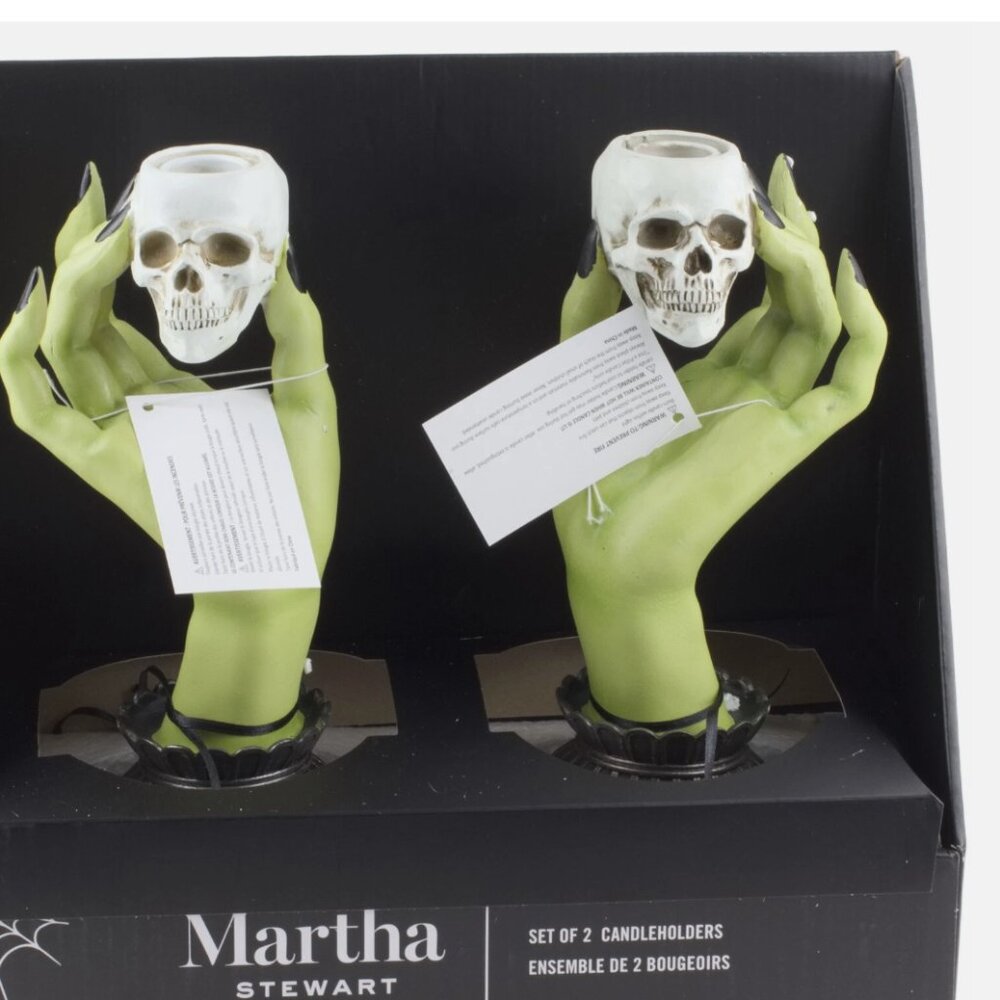Martha Stewart Green Witch Hands Skulls Taper Candle Holders Halloween Decor